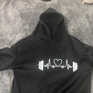 Black Hoodie with Heartbeat and Dumbbell Design